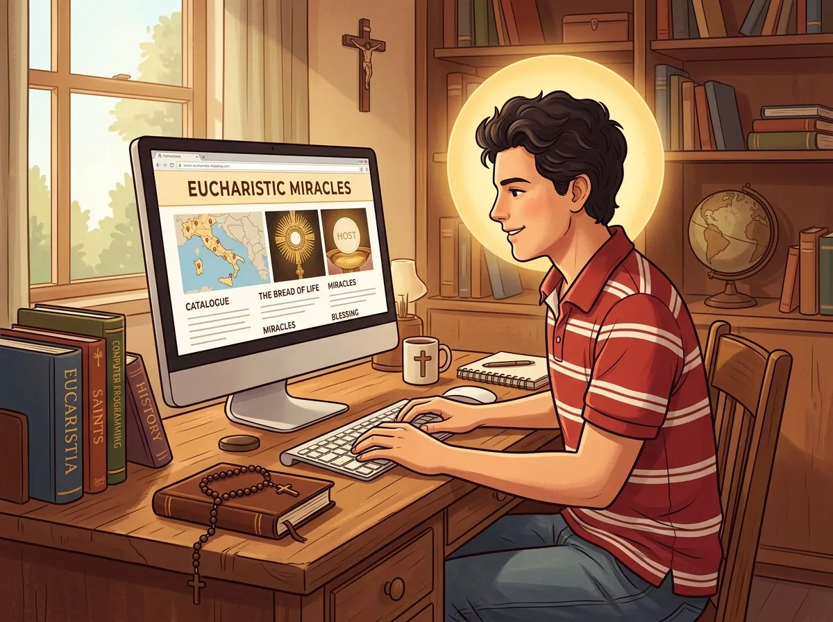 São Carlo Acutis no computador criando o catálogo de milagres eucarísticos